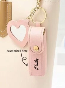 1pc Customizable Lipstick Holder, Can Customize Text, Name, Convenient Portable Lipstick Pouch With Creative Mini Mirror And Keychain, PU Leather, Suitable As Bridesmaid Gift, Birthday Gift, Grandma Gift, Anniversary Gift, Valentine's Gift, Mother's Day Gift, Best Friend Gift, Gift For Mom, Gift For Girlfriend, Gift For Her, Gift For Wife
