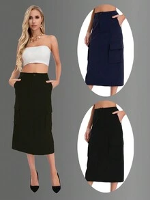 Solid Skirt With Split Hem, Flap Pocket On The Side - Army Green - View 1