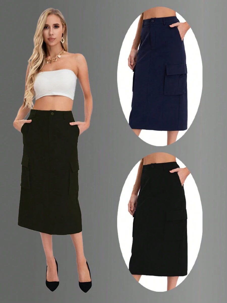 Solid Skirt With Split Hem, Flap Pocket On The Side - Army Green - View 1