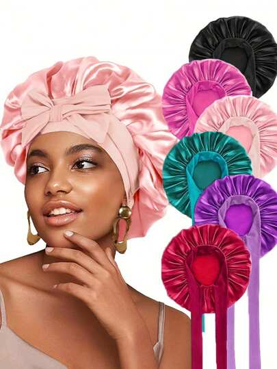 Satin Bonnet Caps For Women With Elastic Band Silk Bonnet For Sleeping Women Hair Bonnets For Sleeping Sports Daily Wear Soft Breathable Sweat Proof Reduces Frizz Breakage Tangles Fits Curly & Straight Hair(Black,Rose Red,Purple,Pink,Burgundy,Green)