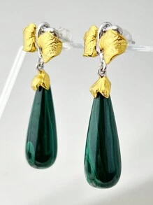 1 Pair 925 Sterling Silver Luxury Vintage Peacock Stone Pendant Earrings, Golden Floral Petal & Delicate Leaf Design Jewelry, Displaying Elegant Feminine Charm, Suitable For Formal Occasions Like Gala And Wedding