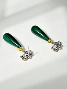 1 Pair 925 Sterling Silver Luxury Vintage Peacock Stone Pendant Earrings, Golden Floral Petal & Delicate Leaf Design Jewelry, Displaying Elegant Feminine Charm, Suitable For Formal Occasions Like Gala And Wedding