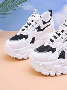 Women's Platform Thick Sole Sneakers, Spring/Autumn Chunky Chunky Sneakers, Low-Top Casual Shoes For Petite, Anti-Slip & Breathable Fabric Lining, Shock-Absorbing