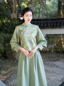 Falda verde de 1 pieza de estilo chino elegante de primavera con cintura elástica lisa y bolsillo, para uso en Año Nuevo Chino, diario, calle, ir y venir, hogar y otras ocasiones para usar vestido chino Hanfu como Bottom