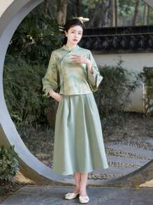 Falda verde de 1 pieza de estilo chino elegante de primavera con cintura elástica lisa y bolsillo, para uso en Año Nuevo Chino, diario, calle, ir y venir, hogar y otras ocasiones para usar vestido chino Hanfu como Bottom