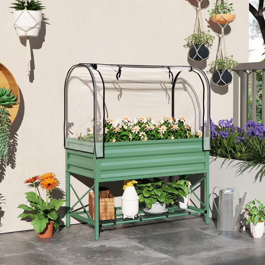 Outsunny Raised Garden Bed With Cover And Storage Shelf, Rectangular Metal Elevated Planter Box With Legs And Bed Liner - 綠色 - 查看 1