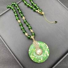 女士复古宝石波西米亚绿松石吊坠项链，天然淡水巴洛克珍珠串珠链毛衣项链，适合日常搭配衬衫、上衣、外套、旗袍