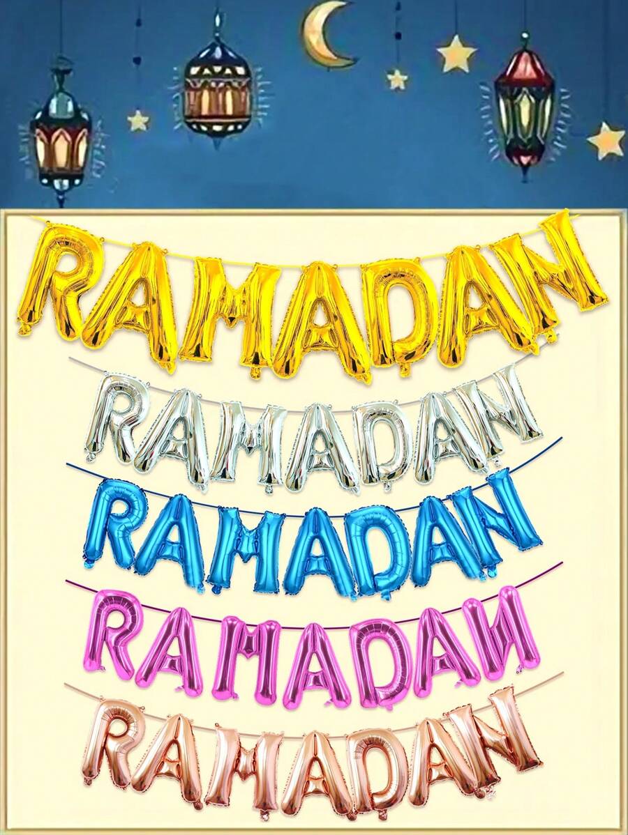 7 Stücke 16-Zoll-Ramadan-Buchstabenballon-Set, Gold, Silber, Roségold, Blau, Rose, Rot, Eid Mubarak-Partydekorationen - Verschiedenfarbig - Übersicht 1