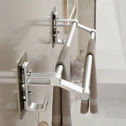 Silver Towel Rack, Bathroom Towel Bar Wall Mount No-Drill, Waterproof Dual Pole Towel Holder, Stainless Steel Material