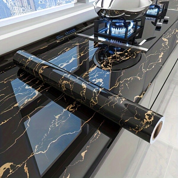 1 Roll Black And Gold Marble Pattern Self-Adhesive Waterproof Wallpaper, Heat-Resistant For Kitchen Walls Decor, Easy To Tear And Paste Vinyl Film, Suitable For Furniture/Tabletop/Room Renovation, Home Decor, Bedroom Decor, Room Decor, Stick-On Tiles, Poster, Wall Prints, Room Decor Bedroom