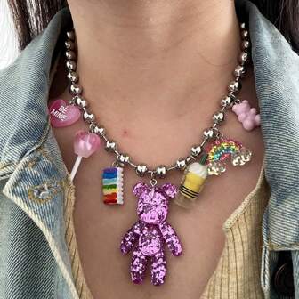 1 pieza Collar con colgante de osito de peluche rosa, cadena de cuentas de acero inoxidable, collar de mujer con colgante de corazón de moda, accesorios de Hip Hop para San Valentín