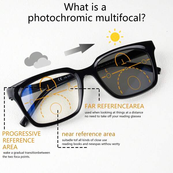 Óculos de leitura multifocais progressivos fotocrômicos, armação quadrada, design unissex moderno