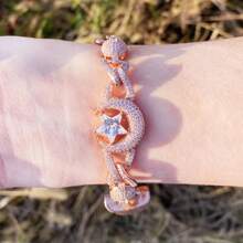 DUBSS 1 pezzo Braccialetto da uomo con catena intarsiata di stelle e luna, in rame vero con cubiti di zirconia, gioielleria hip hop