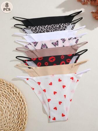 FINETOO 8 件装纯色印花无缝女士性感三角裤，舒适基本款内裤
