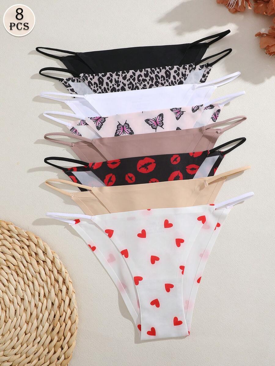 FINETOO 8 件装纯色印花无缝女士性感三角裤，舒适基本款内裤 - 彩色 - 查看 1
