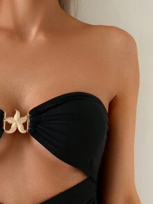 Women's Sexy Hollow Out Gold Starfish Decor Bandeau One-Piece Swimsuit, For Summer Beach Vacation