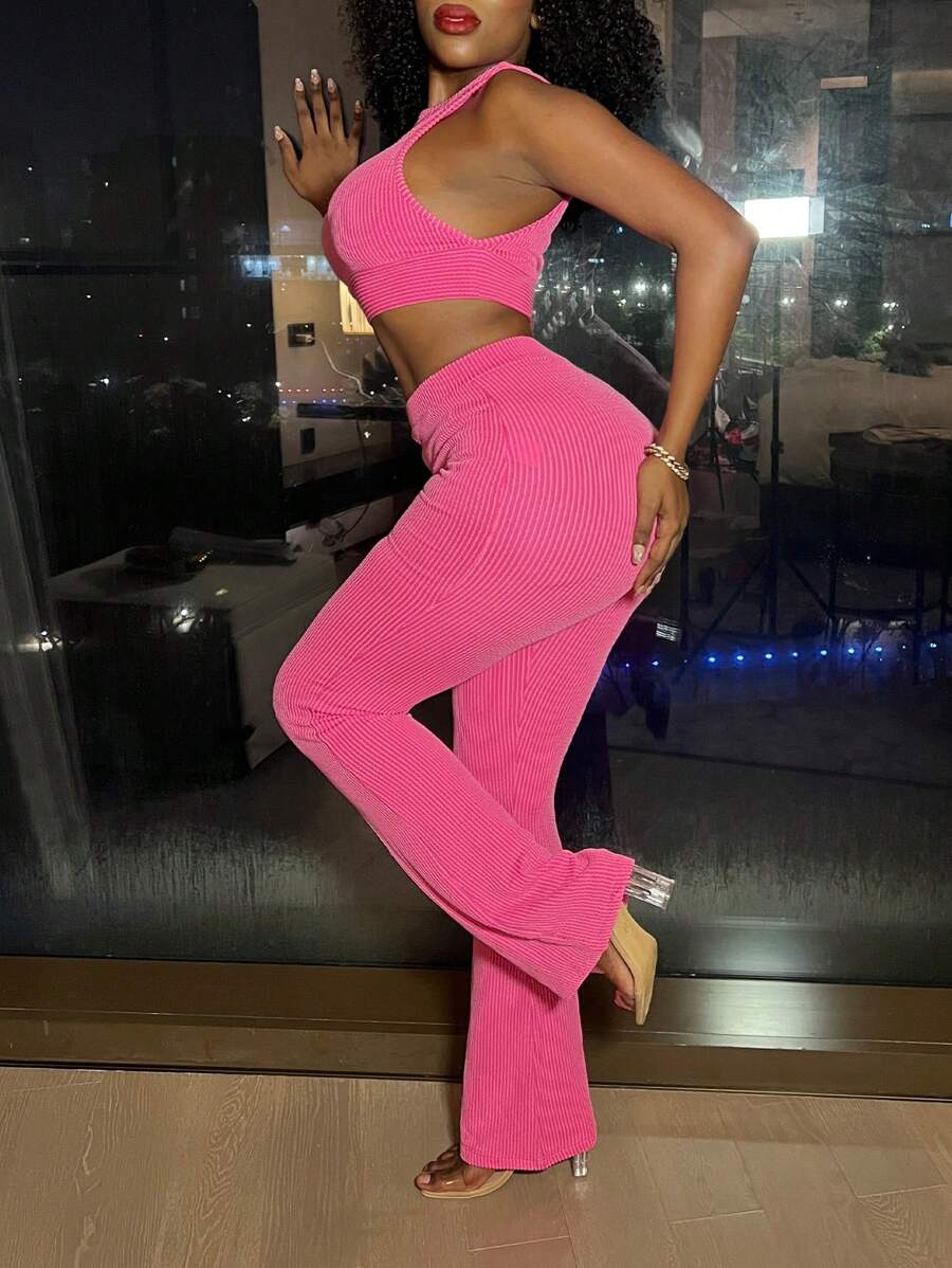 Womens Outfit Sets - Sexy Bodysuit And Wide Leg Pants, Summer Fashion For Club, New Year And Valentine Day Outfits - 玫紅色 - 查看 1