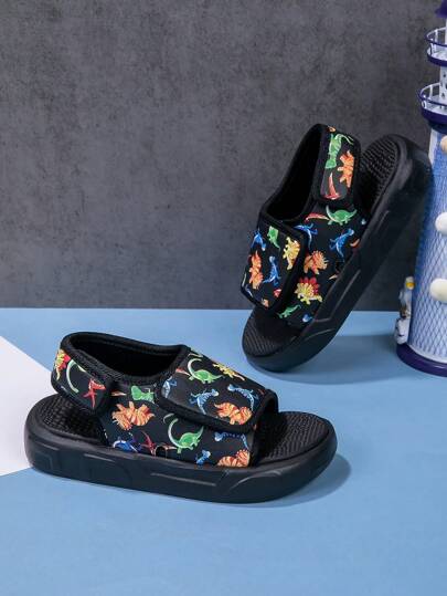 1 Pair Toddler Boys' Comfortable, Fashionable, Casual, Lightweight, Cute Colorful Dinosaur Family Cartoon Flat Soft Sports Sandals, Spring/Summer