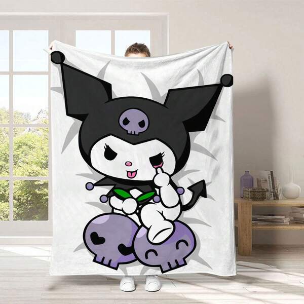 Sanrio 1pc Genuine Hello Kitty Kuromi Print Square Plush Blanket Y2K With Soft & Warm Texture, All Seasons , Suitable For Living Room Sofa, Lounge Chair, Bedroom Bedding. Perfect For Travel, Camping Or As A Valentine's Day Or Birthday Gift , Suitable For Home Decoration