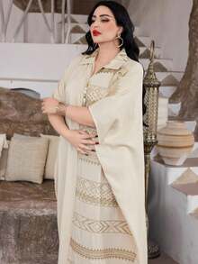 Elegante vestido árabe bordado en dorado JALABIA Bata de Ramadán con cuello de flecos en V, bajo con abertura y diseño geométrico cuadrado, último diseño para el Festival de Ramadán, verano 2026 - Albaricoque - Ver 9