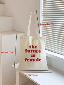 1 Pezzo Borsa Tote Alla Moda In Tela Beige Stampata Con Lettere Rosse 'il Futuro', Borsa Portatile Per Uscite E Shopping Per Donne - Beige - Visualizzare 5