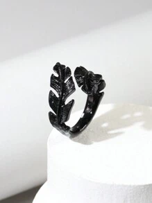 1枚黑色凶猛狮/狼头合金戒指，男女皆宜的复古羽毛开口戒指，适合派对和日常佩戴 - 黑色 - 查看 7