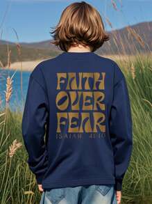 1 件男童休闲印花圆领长袖 T 恤，学生青少年秋冬服装，“Faith Over Fear”柔软 T 恤适合日常穿着 - 藏蓝色 - 查看 3