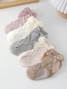 1 Pair Girls Waffle Knit Bow Mid-Calf Socks, Spring/Autumn