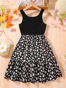 Tween Girl Sleeveless Daisy Print Dress, Fashionable, Comfortable, Casual, Daily Wear, School & Student - Black - View 1