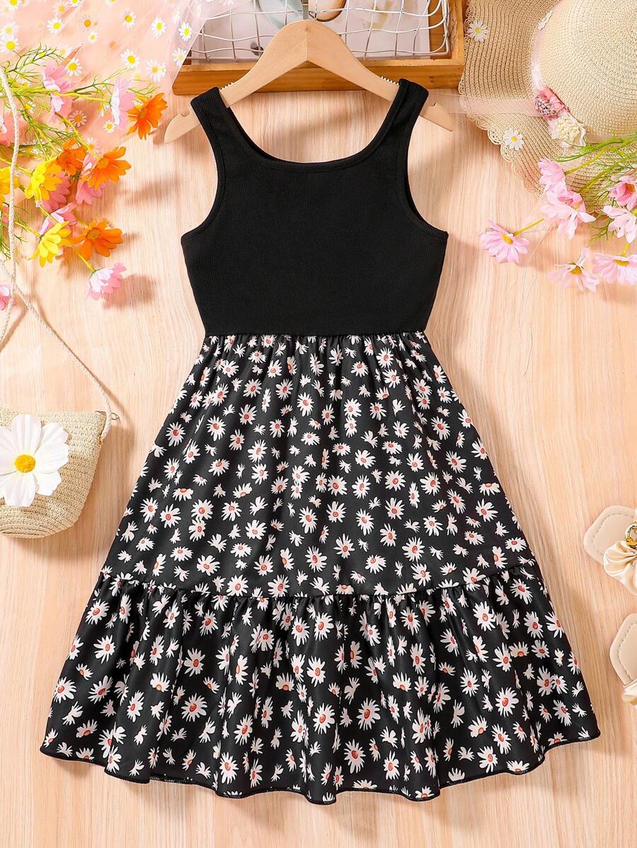 Tween Girl Sleeveless Daisy Print Dress, Fashionable, Comfortable, Casual, Daily Wear, School & Student - Black - View 1