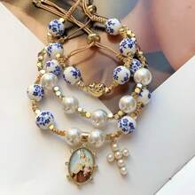 1 件，手工制作的心形手链珍珠贝壳珠手链可调节编织吊饰流苏宗教手链女士