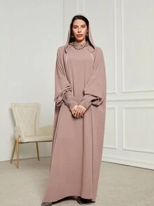 女士纯色褶皱蝙蝠袖流苏抽绳连帽连衣裙日常穿着伊斯兰服饰祈祷长袍，端庄