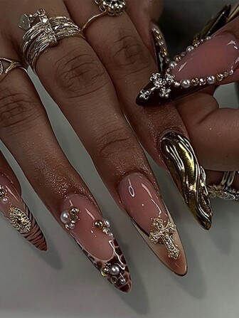 24 Stück französische Leoparden-Muster Nägel, französische schwarze Kunstnägel mit falschen Perlen, Glitzer, Kreuzen, Blitz, lange aufzuklebende Stiletto-Nägel, Nagelkunst-Zubehör