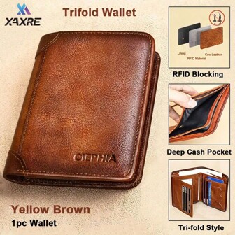 XAXRE محفظة جلد طبيعي ثلاثية الطيات للرجال مع نافذة للهوية، مانع للتردد اللاسلكي RFID، سعة كبيرة مع حامل للبطاقة القابل للطي - مناسبة للاستخدام اليومي - هدية مثالية لعيد الأب والرجال الأعمال - مناسبة للمراهقين والأنشطة الصيفية والخارجية والرياضية أو السفر أو هدايا التخرج أو عيد الميلاد أو الملحقات الرسمية/الأعمال أو عيد الحب