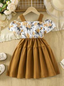 Young Girls Off Shoulder Floral Spaghetti Strap Ruffle Dress, Summer