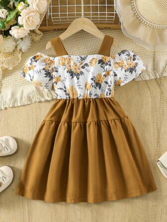 Young Girls Off Shoulder Floral Spaghetti Strap Ruffle Dress, Summer