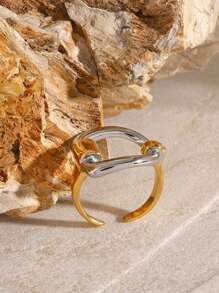 Uworld 1 件女士简约时尚金银配色字母 D 开口戒指适合日常搭配情侣不锈钢戒指 18K 镀金