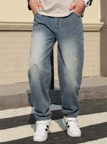 Jeans droits décontractés vintage lavés pour garçons, pantalon en jean déchiré pour adolescents, printemps/automne