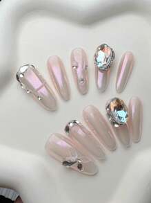 10Pcs Handmade Almond Shaped False Nails, Y2K, Cat Eye Craft, With Sparkling Rhinestones, Gorgeous And Luxurious Style, High-End Quality, Suitable For Different Styles Of Women'S Daily And Holiday Wear, Removable And Reusable Press On Nails Nail Supplies Nails - Multicolor - View 3