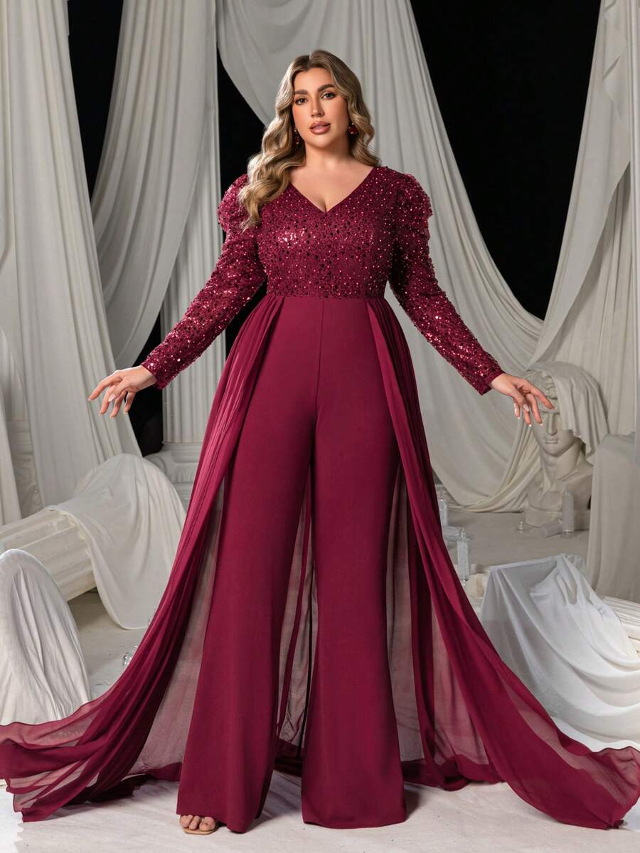 Faeriesty Plus Size Elegant Long Sleeve Beaded Colorblock Chiffon Jumpsuit For Formal Party