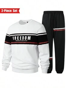 Men's Casual Crewneck Hoodie And Sweatpants Suit, Fashion Sports T-Shirt, Striped Printed Drawstring Sweatpants, Suitable For Outdoor Sports Jogging Casual Outing