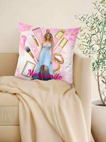 1 pieza Funda de cojín decorativo con eslogan rosa, paleta de sombras de ojos y estampado de rubor, personalizable con nombre y foto, artículo creativo de moda y decoración del hogar para mujer