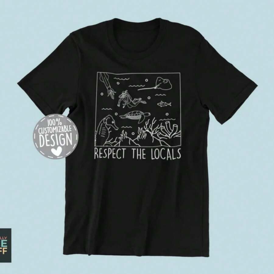 Scuba Diving T-Shirt Respect The Locals, Diving Instructor Shirt, Scuba Diver Gift, Underwater Sport Tee, Unisex - Black - View 1