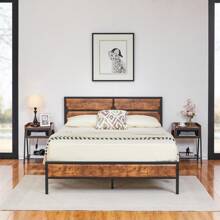 VECELO Single Double Size Bed Frame With Wooden Headboard And Footboard, Steel Slat Support, No Box Spring Needed, Easy Assembly - Brown - View 2