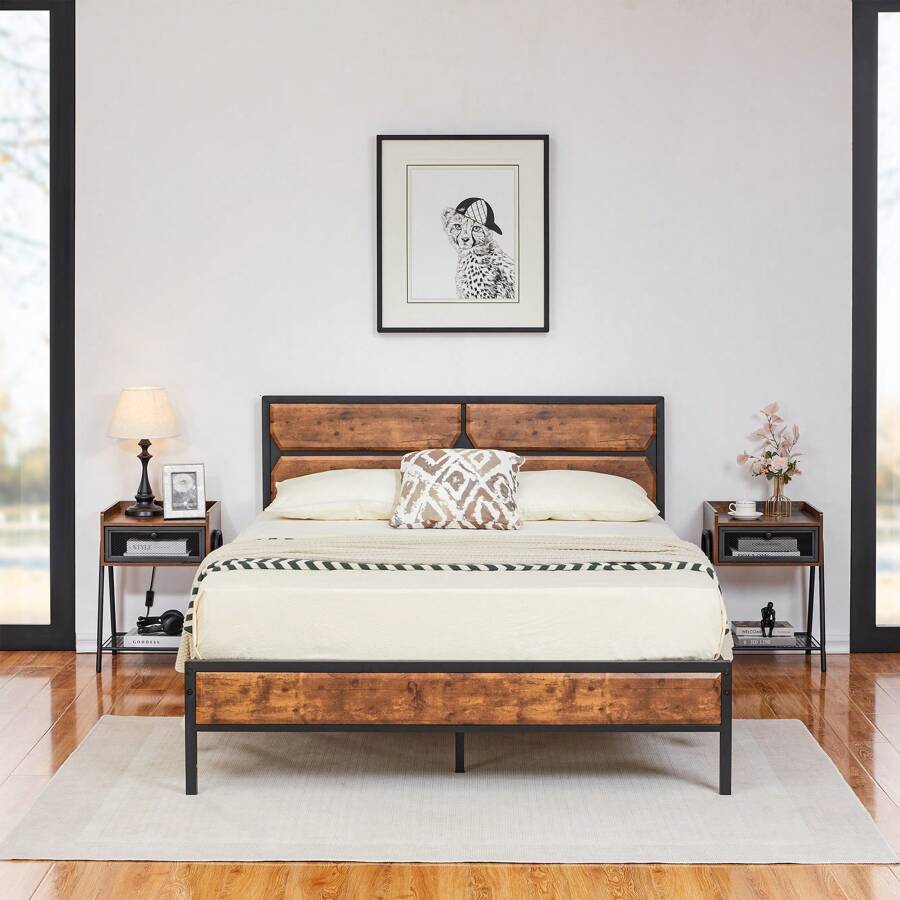 VECELO Single Double Size Bed Frame With Wooden Headboard And Footboard, Steel Slat Support, No Box Spring Needed, Easy Assembly