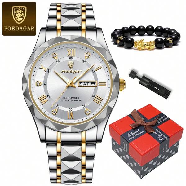 POEDAGAR Luxury Men Watches Business Man Wristwatch Waterproof Luminous Date Week Quartz Men's Watch +Pixiu Bracelet+Gift Box