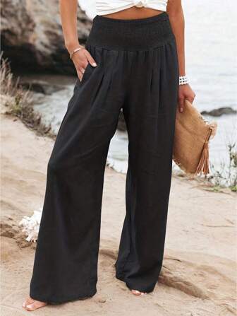 Women's Solid Color Elegant Versatile Ruched Wide Leg High Waist Long Pants
