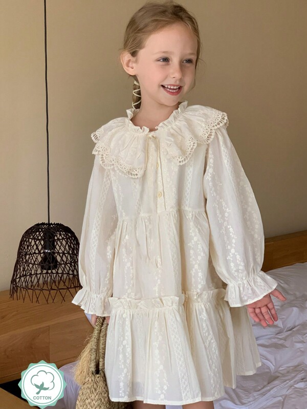 1 pièce Robe longue à manches longues avec col en dentelle pour filles, style français, printemps