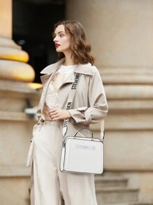 Classic Women's Square Shoulder Bag With PU Purse, Plain Letter Zipper Handbag With Adjustable Strap Large Capacity, For Halloween, Christmas - 白色 - 查看 2