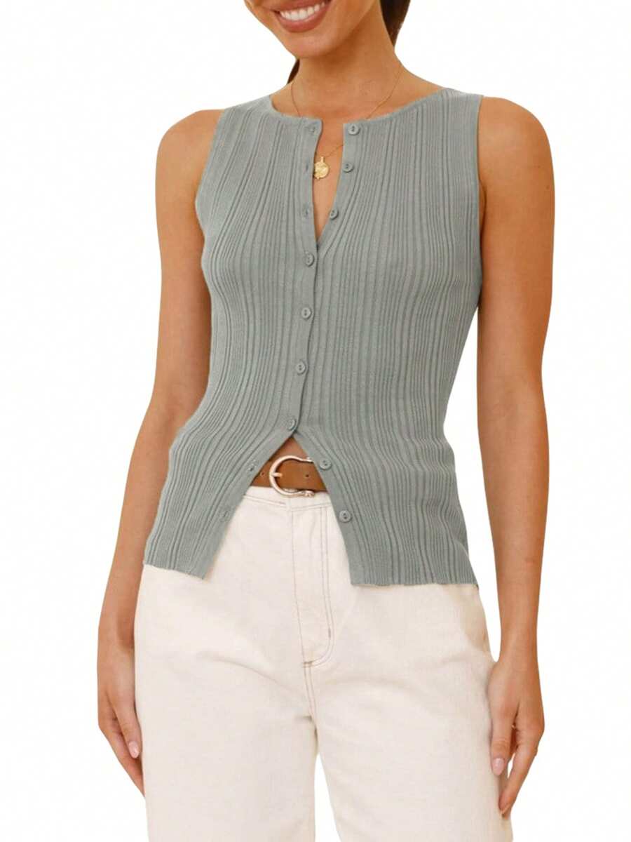 Women's Ribbed Knit Tank Tops Slim Solid Color Button Down Round Neck Sleeveless Shirt For Summer